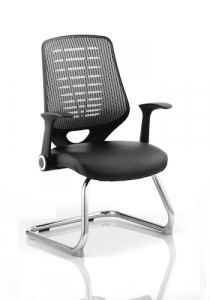 Relay Cantilever Chair Black Leather Seat Silver Mesh Back