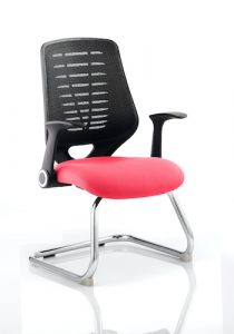 Relay Cantilever Chair With Black Mesh Back Bergamot Cherry Fabric Seat & Folding Fixed Height Arms